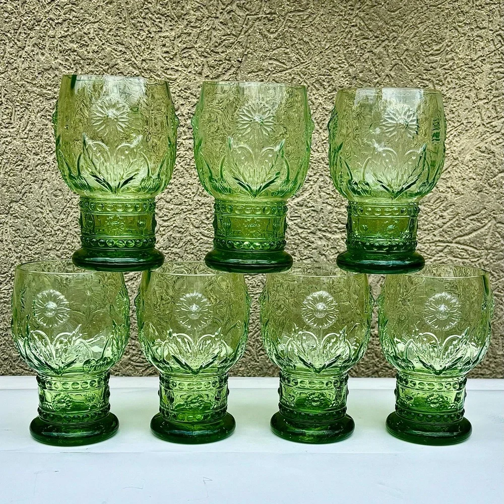Anthropologie Retired GREEN HELIANTHUS Glasses - Set of 7 - Picture 1 of 7